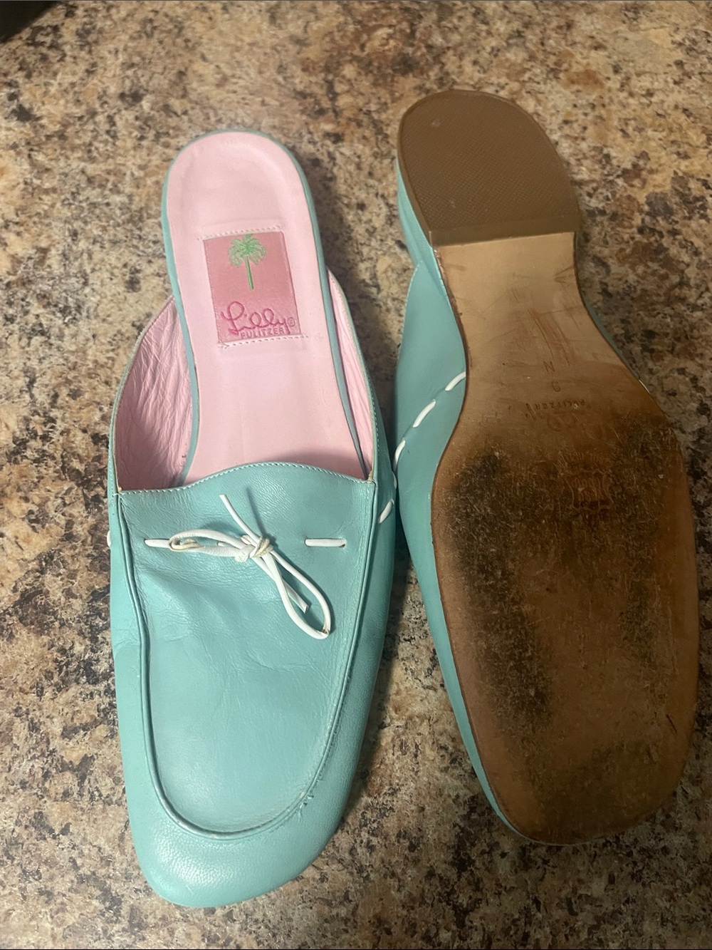 Lilly Pulitzer Mint Green Leather Slide Mules with Pink Insole